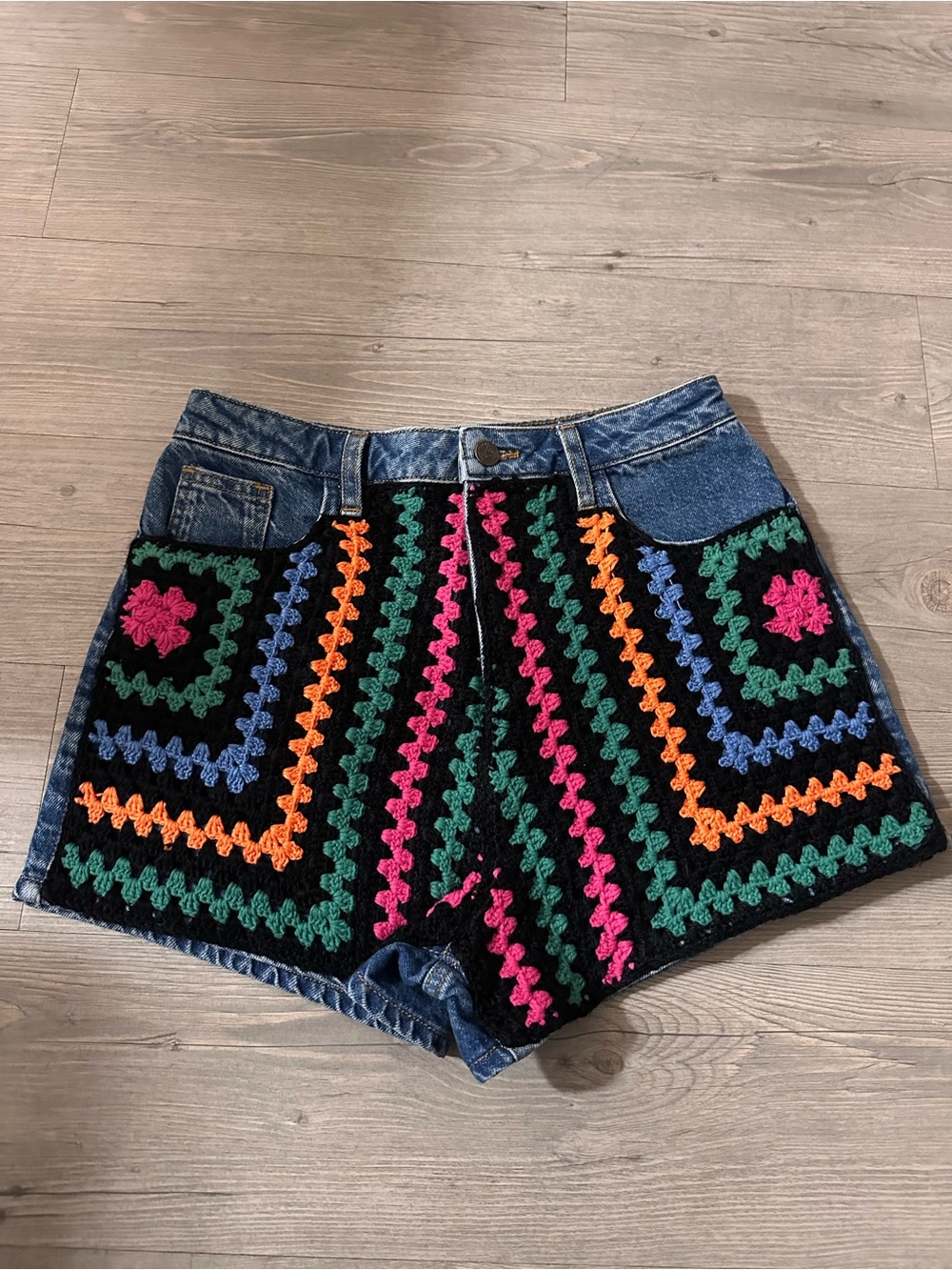 FARM Rio Denim Shorts with Black Crochet and Multicolor Accents